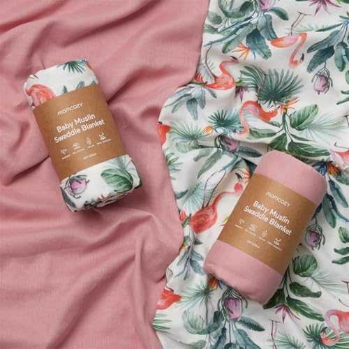 Image of Momcozy Muslin Swaddle Blankets, Ultra Soft Neutral Swaddle Blanket, Cotton & Breathable Bamboo Derived from Viscose, Large Baby Infant Newborn Boys Girls Swaddling Receiving Blanket, Pink Flamingo