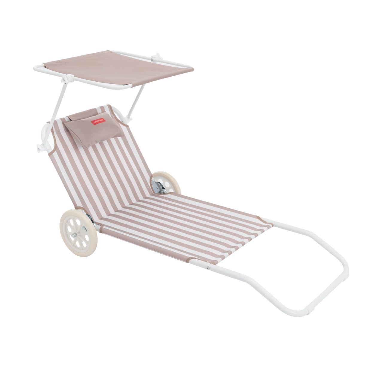 Flamingueo Krzesło plażowe, składany leżak, 5 pozycji, regulowany parasol UPF 50+, ergonomiczna poduszka, możliwość przekształcenia w wózek transportowy, beżowy