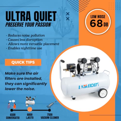 Image of Quiet Oil-Free Air Compressor, 68 dB, 2.8 CFM @ 90 PSI, 8 Gallon Air Tank | Steel Tank Compressor for Woodworking, Nailing, Garage Use, Car Inflation and Pneumatic Tools, Includes Air Hose Kit