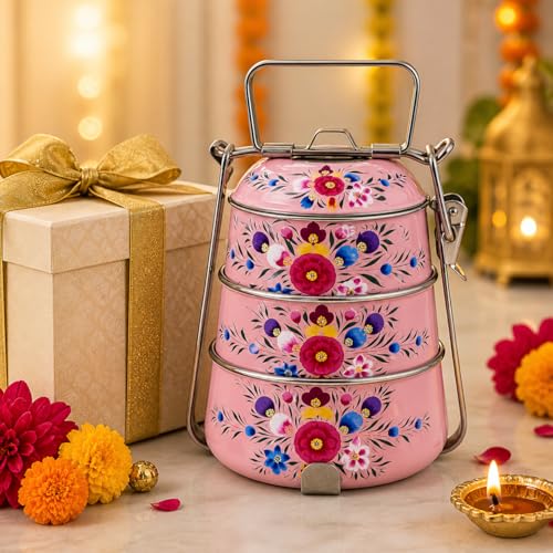 Image of iHandikart Handpainted Decorative Lunch Box Tiffin | Multiple Tier Stainless Steel Food Box | Designer Indian Print Tiffin for School | Diwali Gift, Navratri Gift (Color - Multicolor)