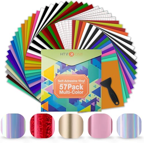 HTVRONT Permanent Vinyl for Cutting Machine- 57 Pack 12 x 12 Permanent Bundle 52 Adhesive Vinyl Sheets and 5 Transfer Tape Sets for Party Decoration Sticker