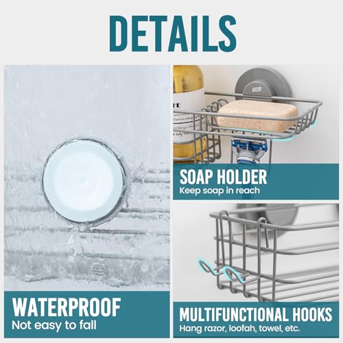 Image of TAILI Shower Caddy Suction Cup 2 Pack with Hooks & Soap Holder, Heavy Duty Shower Organizer for Bathroom, No Drilling Bathroom Organizer with Large Capacity, Metal Storage Holder-Grey