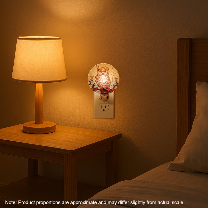 Image of Owl Night Light - Vintage Cottagecore Stained Glass Style Plug-in Wall Light, Flat Glass Owl Design for Vertical Outlets, Tiffany-Inspired Decor Gift