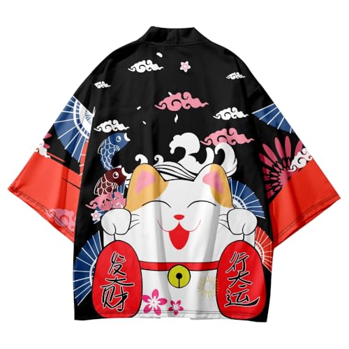 Image of LAI MENG FIVE CATS Women's Lucky Cat Cardigan Kimono Loose Cover up Casual Blouse Cute Tops