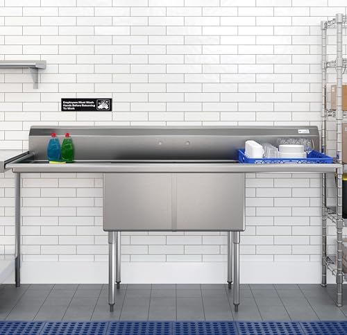 Image of KoolMore 84 in. 18-Gauge 2-Compartment Commercial Sink with Backsplash and 24 in. Dual Drainboards, Bowl dimensions 18 inchx24 inchx14 inch in Stainless-Steel (KM-SB182414-24B3)