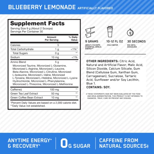 Image of Optimum Nutrition Amino Energy - Pre Workout with Green Tea, BCAA, Amino Acids, Keto Friendly, Green Coffee Extract, Energy Powder - Blueberry Lemonade, 30 Servings (Packaging May Vary)