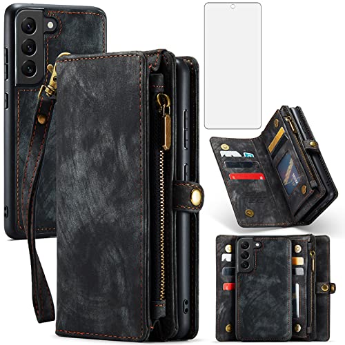 Asuwish Phone Case for Samsung Galaxy S21 FE Gaxaly S 21 FE 5G Zipper Wallet Cover with Tempered Glass Screen Protector and Flip Card Holder Cell Accessories Glaxay S21FE5G UW S21FE 21S G5 Women Black