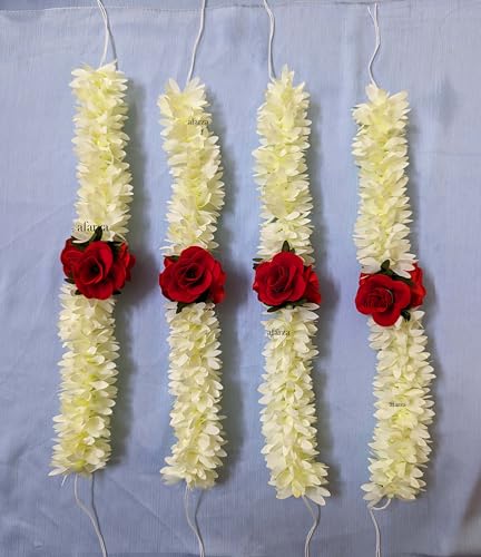 Image of Veni Gajra Hair Bun Artificial mogra Jasmine With Gulab Juda Scrunchies For Women Pack 4 pieces (gulab-white)