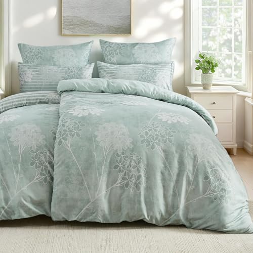 Qucover Bettwäsche 135x200 4teilig Bettwäsche Sets Sommer Mikrofaser Blumen Salbeigrün Bettbezug 135x200 mit 2 Kissenbezüge 80x80cm