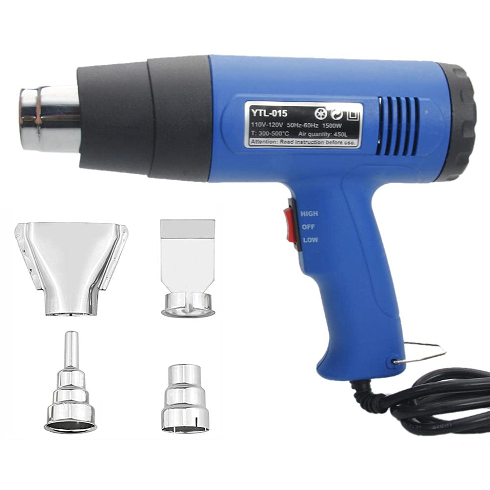 Pistolet à Air Chaud 1500W, Pistolet Thermique avec 4 Buses, avec 2 Contrôles de Température, Noyau Chauffant en Mica, Pistolet à air chaud capable de PVC rétractable, Dégommage, Dessouder