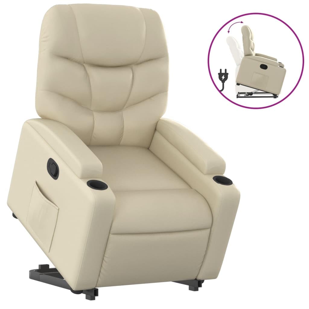 Sillón elevador eléctrico reclinable de piel sintética color crema con función de elevación y reclinación manual hasta 135 grados, cómodo con portavasos y bolsillo lateral
