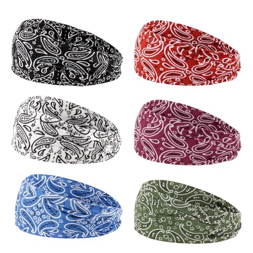 Image of YARIEW 6Pcs Headbands Paisley Bandanas Head Bands Sweat Band Hair Wrap Headwrap Fashion Boho Wide Thick Workout Yoga Elastic Headbands Mens Cooling Running Sports Headband Sweatbands for Women and Men