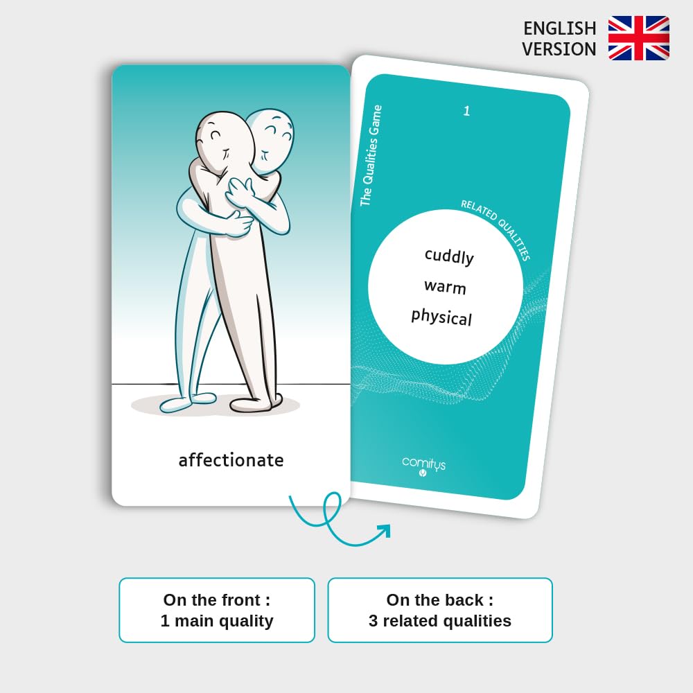 Comitys | The Qualities Game | Lingua: Inglese | 64 flashcard and 256 Qualities | Non-Violent Communication Teaching Tool | Build Self-Esteem