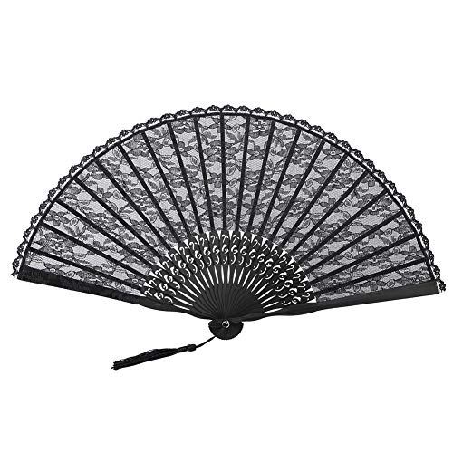 Abanico de mano hecho a mano de estilo vintage japonés, abanico plegable de madera maciza, abanico de encaje para decoración, brisa refrescante para mujeres, regalo de fiesta de (ventilador negro de