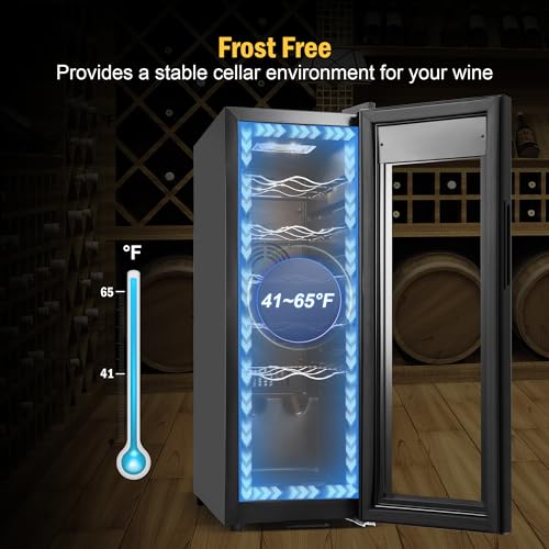 Image of Wine Fridge 12 Bottles, Small Wine Cooler Refrigerator Freestanding with Digital Temperature Control Safety Lock, Frost Free for Red White Wine, Champagne