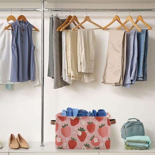 Image of Aslsiy Storage Basket - Fresh Strawberry Pink Nursery Bins Baby Box Canvas Clothes Shelf Laundry Hamper Gift Basket for Home Closet - 1 Pcs