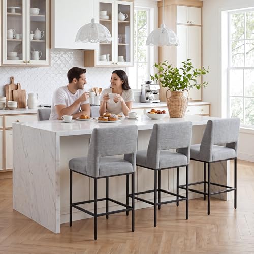 Image of Zesthouse Upholstered Counter Height Stools Set of 4, 26 inch Oversized Bar Stools with Wide Back, Metal Barstools Heavy Duty 300 Lbs, Modern Counter Height Chairs for Kitchen Island, Gray Linen Fabric