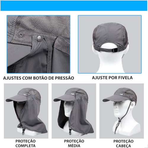 Chapéu Boné Pesca Caça Caminhada Camping Trilha Proteção Solar Pescoço Nuca Rosto Mosquiteiro (Cinza