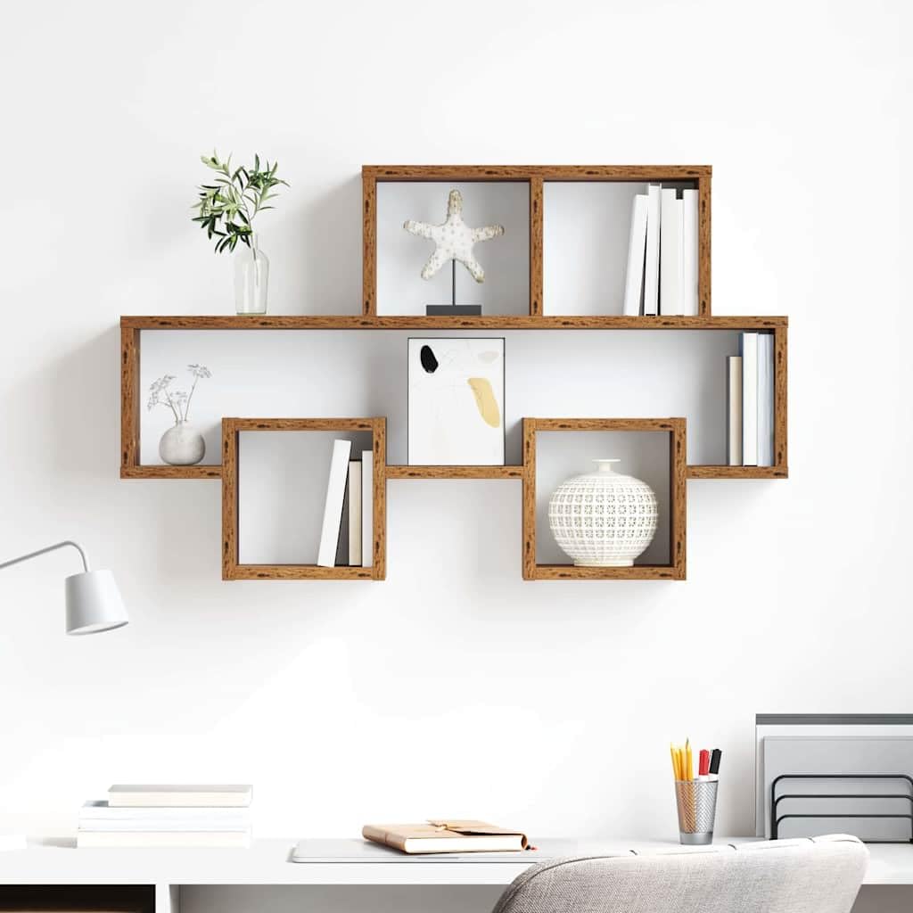 Estantería de pared de material de madera, 82 x 15 x 51 cm, moderno estante de pared para dormitorio y sala de estar, diseño de autoforma, ahorra espacio con mucho espacio para libros y