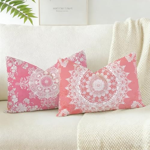 Funda Cojin 25x45 Juego 2, Rosa Cojines Exterior Jardin Impermeable Terciopelo Fundas de Almohada, Mandala Cojines Cama Decorativos, para Primavera Decorativos Salón Dormitorio, Regalos Mujeres D-238