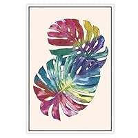 SIGNWIN Framed Canvas Wall Art Multicolor Rainbow Tropical Monsteras Leaves with Orange Botanical Plants Watercolor Abstract Modern Colorful for Living Room, Bedroom, Office - 16