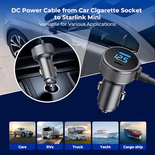 Image of Starlink Mini Cable, 3 in 1 Starlink Mini Car Charger DC Power Cable+ Cigarette Lighter Adapter 12V-48V with Digital Display, Durable USB C PD 40W and USB A 35W Ports for Trucks and Cars (6.5FT)