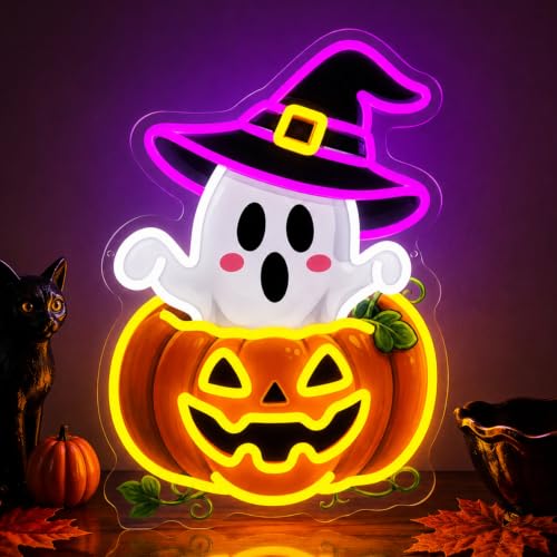 Image of Halloween Neon Sign, Dimmable Cute Ghost Pumpkin LED Lights for Wall Decor | Spooky Ghost Pumpkin Neon Light Sign for Bedroom, Game Room, Window, Home Bar, Haunted House, Halloween Party Decor & Gifts