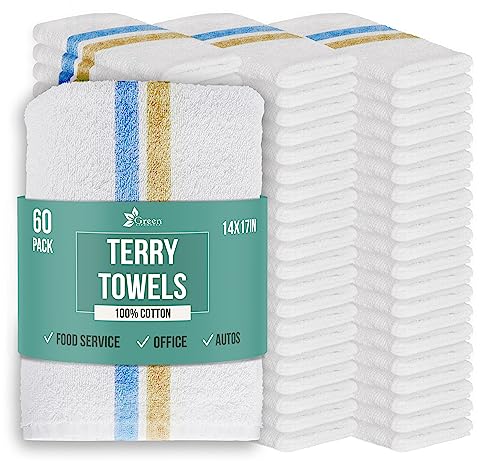 Image of GREEN LIFESTYLE Terry Towels 14 inch x 17 inch 60 Pack - Cotton Bar Towels, Cleaning Rags, White Terry Cloth Towels, Absorbent Kitchen Towels for Restaurant, Food Service and Home Use (Blue & Orange Stripe)