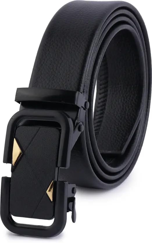 Men's Leather Ratchet Belt, Black, Automatic Buckle with Gold Accent, Business Casual Style