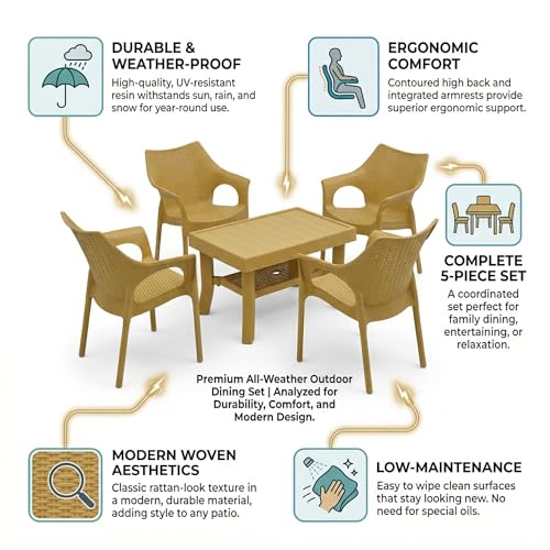 Image of Oaknest Supreme Cambridge with Vegas Plastic Outdoor Chair and Table Set | 4 Rattan Chairs + 1 Table | Weatherproof, Lightweight | Garden & Patio Use Cane