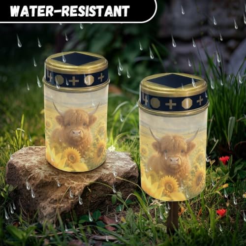 Image of Poceacles Outdoor Lights Solar Grave Candle Solar Cemetery Candles LED Automatic Outdoor Flameless Cemetery Lights for Loss of Dad, Sunflower Highland Cow, Set of 6