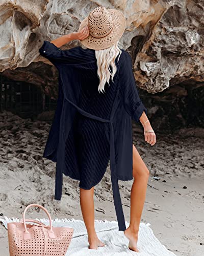 Zoye Chen Womens Beachwear Cover Up, Long Sleeve Button Down Beach Shirt with Belt4