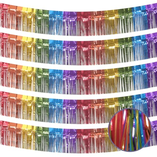 Image of 5 Pack Rainbow Fringe Garland - 10 Feet Colorful Metallic Streamers for Birthday Party, Halloween, Christmas Decor (Rainbow-1)