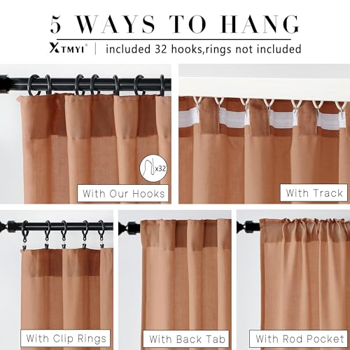 Image of XTMYI Terracotta 90 Inch Length 2 Panels Back Tab /Hook Belt Linen Cotton Sheer Curtains for Bedroom Set