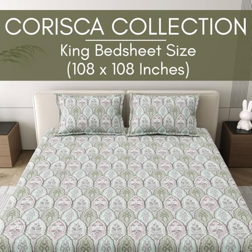 Image of Mafatlal 186 Tc Corsica King Size Bedsheet Cotton | 274 X 274 Cm | Luxurious Breathable Fabric Flat Sheet for Sleeping Comfort | Bedding with 2 Pillow Covers | Brook Green