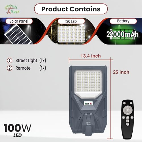 Image of Epyz 100 Watt Solar Street Light Outdoor with Remote and Motion Sensor and Dusk to Dawn for Garden, Street, Lawn [ 120LED, 22000mAh, Pack of 1, Cold White Light ]