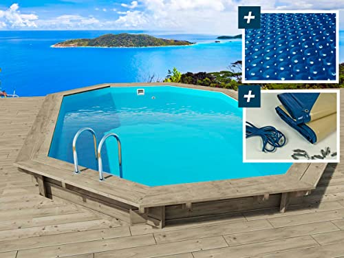 Habitat et Jardin Piscina de Madera Rio 130-5,60 x 3,70 x 1,39 m + Cubierta de Burbujas 180 µ + Cubierta de Invierno 280 gr/m²