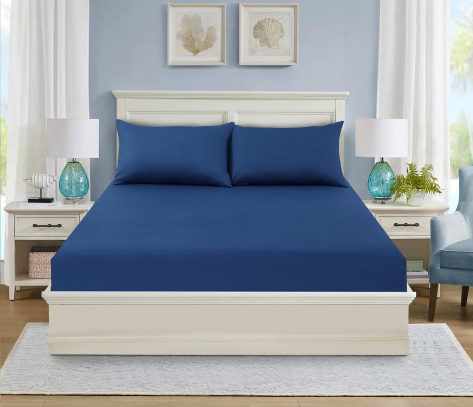 WEAVERS: 3 Pcs Luxury Polycotton 25cm Deep Fitted Sheet with Pillowcase Pair (Size King, Colour Royal-blue) โ image 1