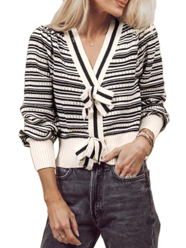 Image of ThCreasa Womens Long Sleeve Striped Cropped Sweater Bow Loose V Neck Knit Trendy Pullover Sweaters