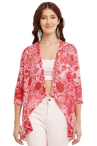 craft darbar Chiffon Printed Shrugs for Women I 3/4 Sleeve I Front Open I Mid Length (S, Red Flower)-picture-55