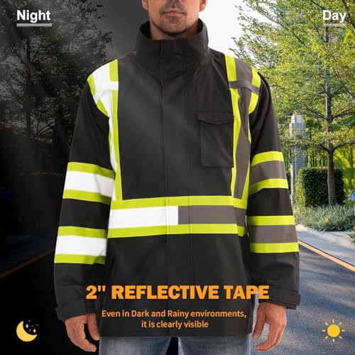 Image of Reflective Rain jackets for men waterproof,Hi Vis Safety Coat With Reflective Strips,High Visibility Class 3 Rain jackets With 2 large pockets,Zipper,Black ,SM /MD