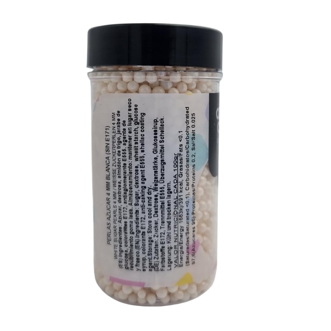 Azucren, Perlas Comestibles, Sprinkles Comestibles, Perfecto para Decorar Tartas, Cupcakes, Galletas y Chocolates, Diametro 4 Milímetros, 90 Gramos (Blanco)