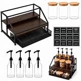 Coffee Bar Syrup Dispenser Set, 4 Pack 16.9oz/500ml Glass Syrup Dispensers with 1/4 oz Pumps & Stand, 2-Tier Coffee Bar Organizer Rack with 3 Storage Jars, 36 Labels, Brushes & Funnel