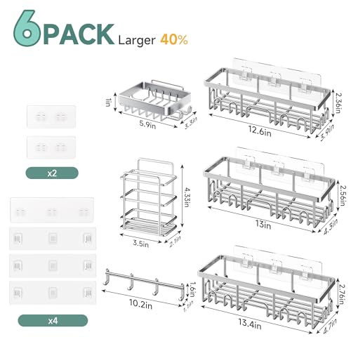 Image of Veken Shower Caddy 6-Pack, Advanced Rustproof Design, No Drilling Adhesive Shelves, Rack with Soap Holder, Large Capacity Bathroom Organizers and Storage, Wall-Mounted Kitchen & Home Decor, Silver