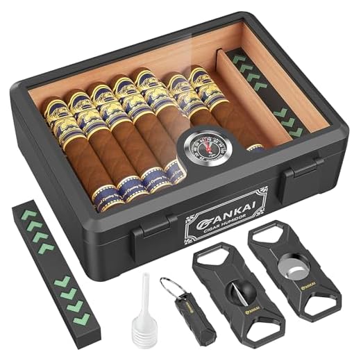 FANKAI Cigar Humidor, Full Glass Top Cigar Box with Humidifier and Hygrometer, Drop-proof Crushproof Cigar Case, Cedar Wood Lining Storage Box with Divider for 20-25 Cigars (Black)