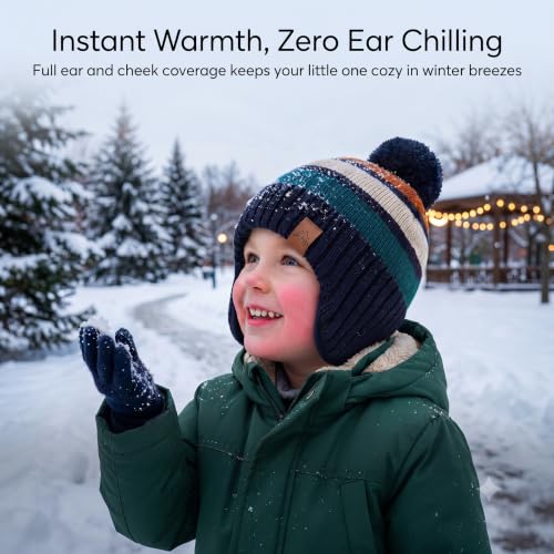 Image of LMLALML Boys Winter Hat Earflap Knitted Beanie for Kids Warm Fleece Lined Thicken Hat for Baby