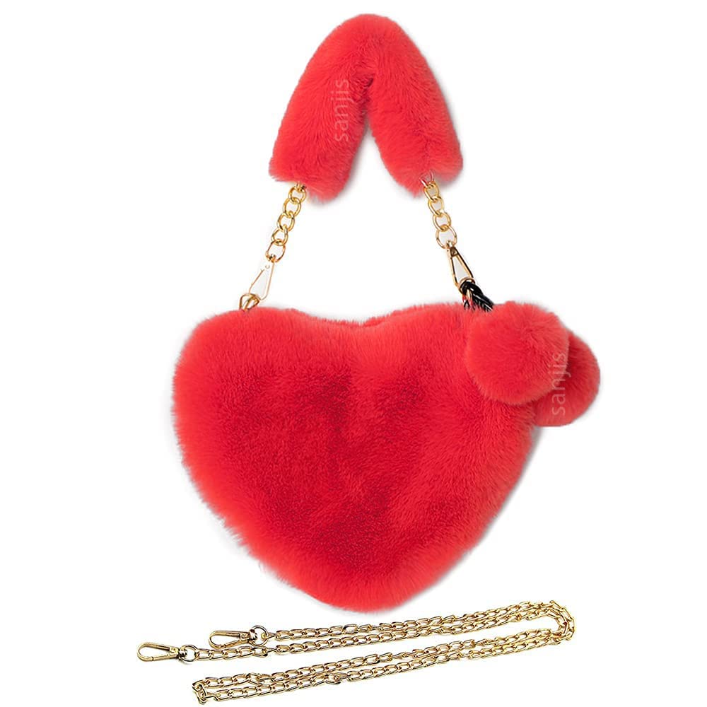 P. N. STORE Women Girls Faux Fur Heart Shaped Handbag Plush Shoulder Bag Clutch Purse with Metal Chain Strap (Red) (B0B8ZHSYRM) Amazon Price History, Amazon Price Tracker