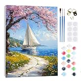 RICUVED Paisaje Pintura por Números para Adultos y Niños 20x30cm -Velero Kit DIY con Marco de Madera, Pinceles y Bandas Magnéticas para Decorar Tu Casa