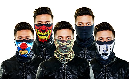 Seamless Outdoor Face/Ski Mask Bandanna. Breathable, Dust Proof - Great for Skiing, Snowboarding, Motorcycle, Bicycle, Camping, Hiking (5 PACK, Plain Black,Angry Clown,Warchild,Black Tears,Army)