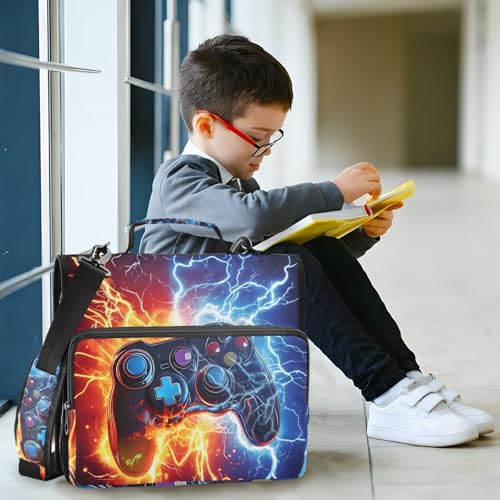 Image of Game Controller Fire Electric Spark Zipper Binder Bag 3 Ring Binder with Shoulder Strap Zip Up 500 Sheets Capacity Multi Pockets for School Office Supplies